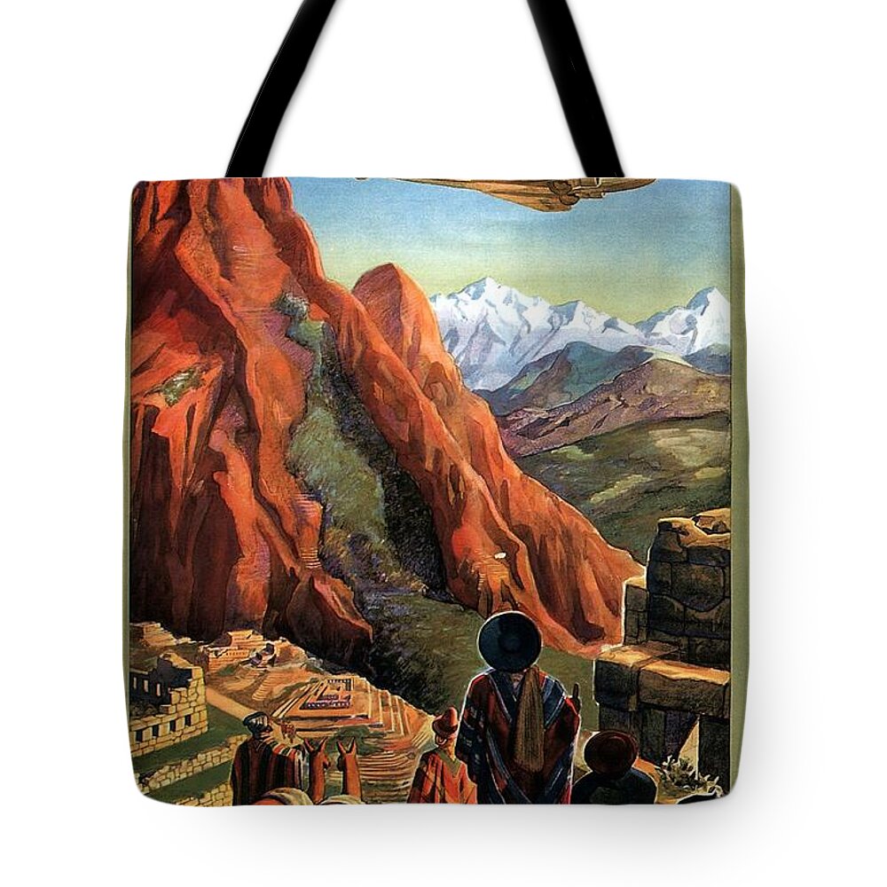 Airplane Flying Over The Mountains Tote Bag featuring the painting Airplane flying ove the mountains in South America - Incas - Vintage Illustrated Poster by Studio Grafiikka