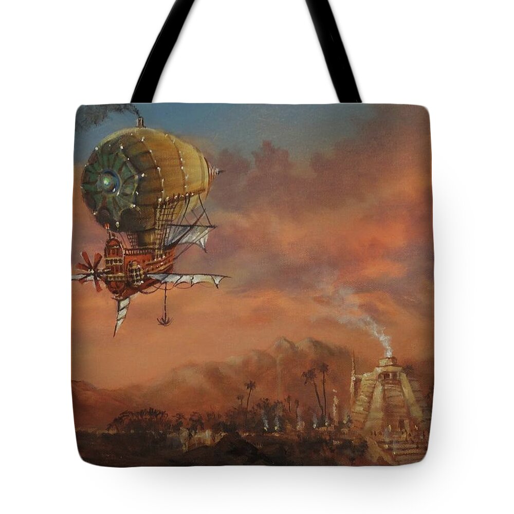 : Atlantis Tote Bag featuring the painting Airship Over Atlantis Steampunk Series by Tom Shropshire