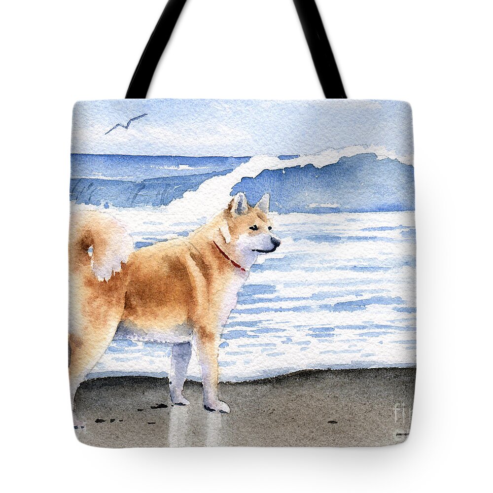 Akita Tote Bag featuring the painting Akita At The Beach by David Rogers