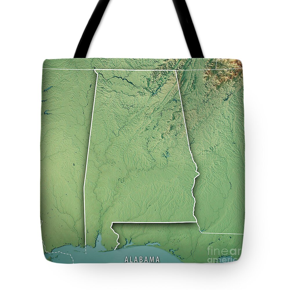Alabama Tote Bag featuring the digital art Alabama State USA 3D Render Topographic Map Border by Frank Ramspott