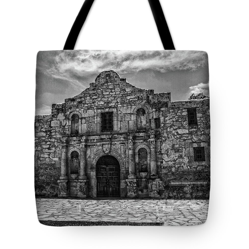 Alamo Tote Bag featuring the photograph Alamo Black and White by Robert Hebert