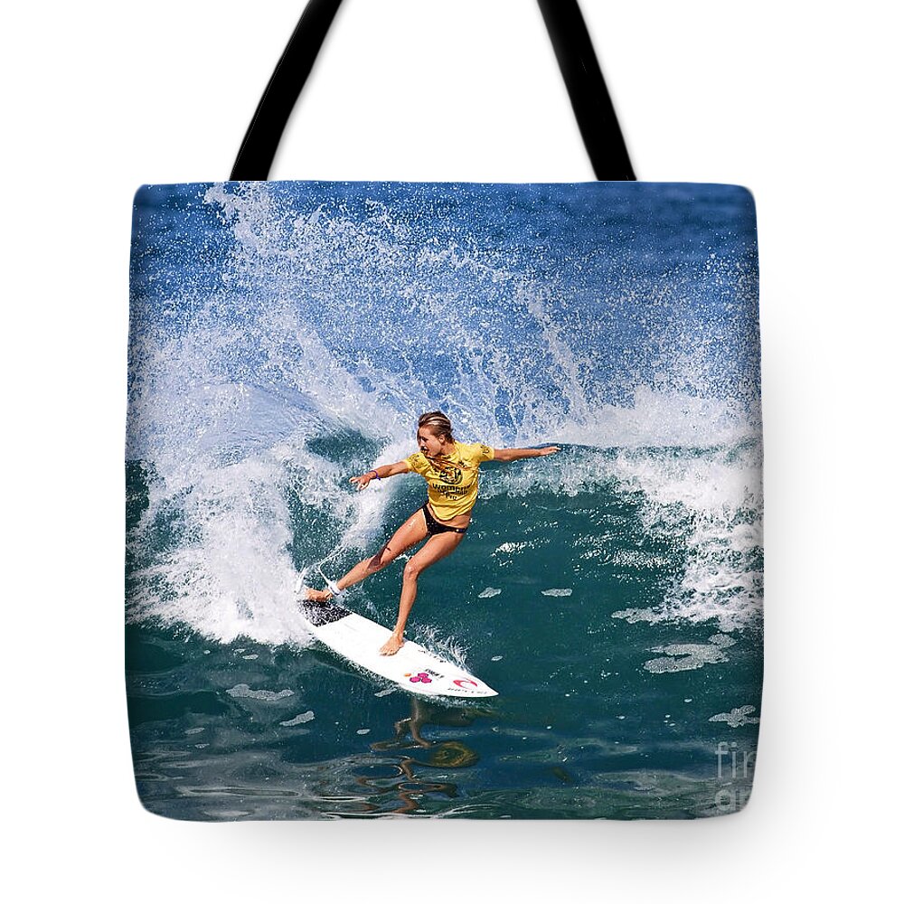 Alana Blanchard Tote Bag featuring the photograph Alana Blanchard Surfing Hawaii by Paul Topp