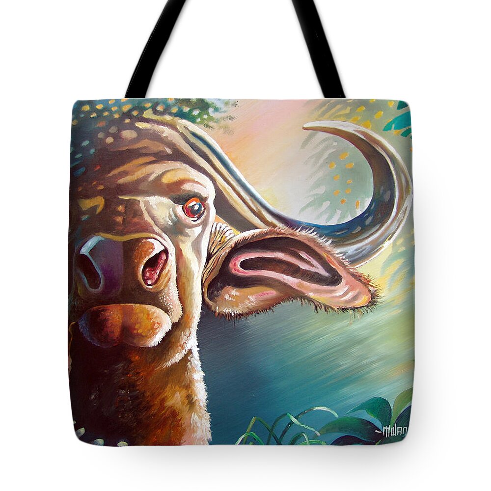 Buffalo Tote Bag featuring the painting Alarmed by Anthony Mwangi