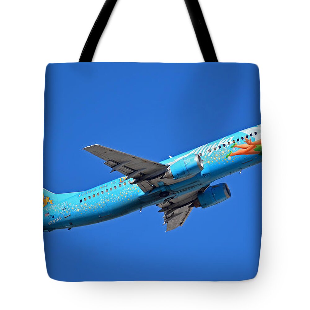 Airplane Tote Bag featuring the photograph Alaska Boeing 737-490 N791AS Tinker Bell Phoenix Sky Harbor January 12 2016 by Brian Lockett