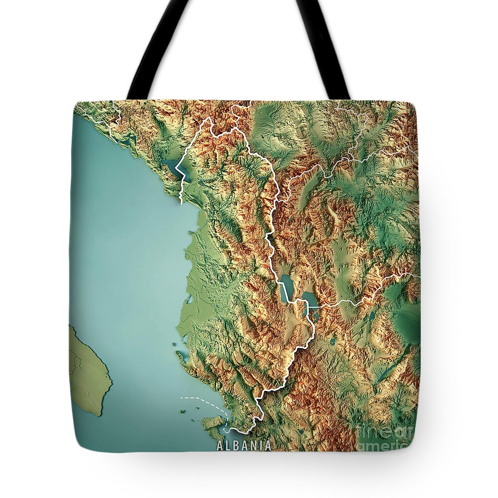 Albania Tote Bag featuring the digital art Albania Country 3D Render Topographic Map Border by Frank Ramspott
