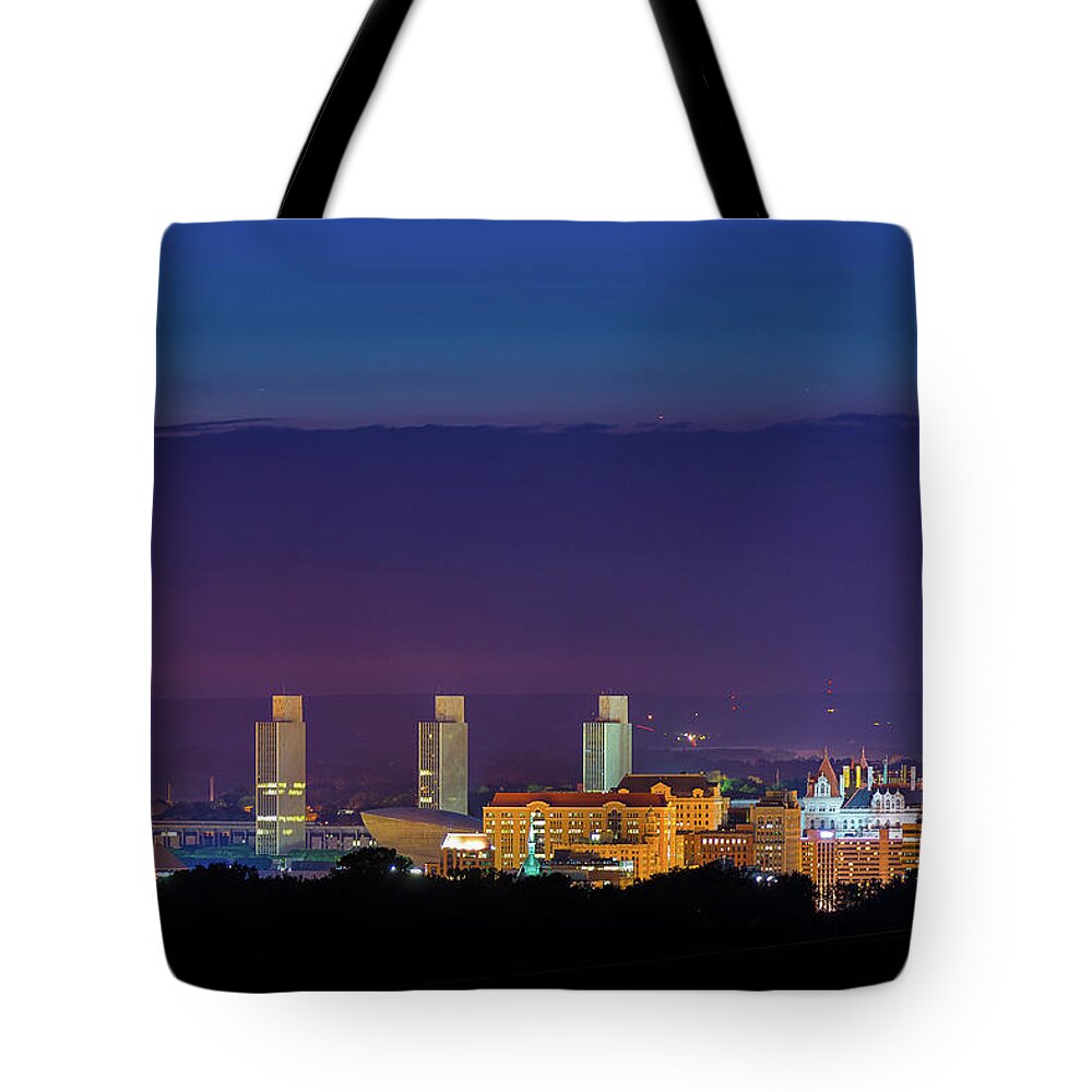 Albany Tote Bag featuring the photograph Albany Skyline Twilight by Neil Shapiro