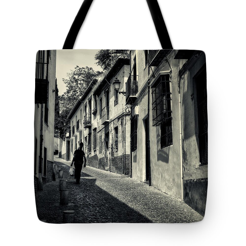 Joan Carroll Tote Bag featuring the photograph Albayzin Street Granada BW by Joan Carroll