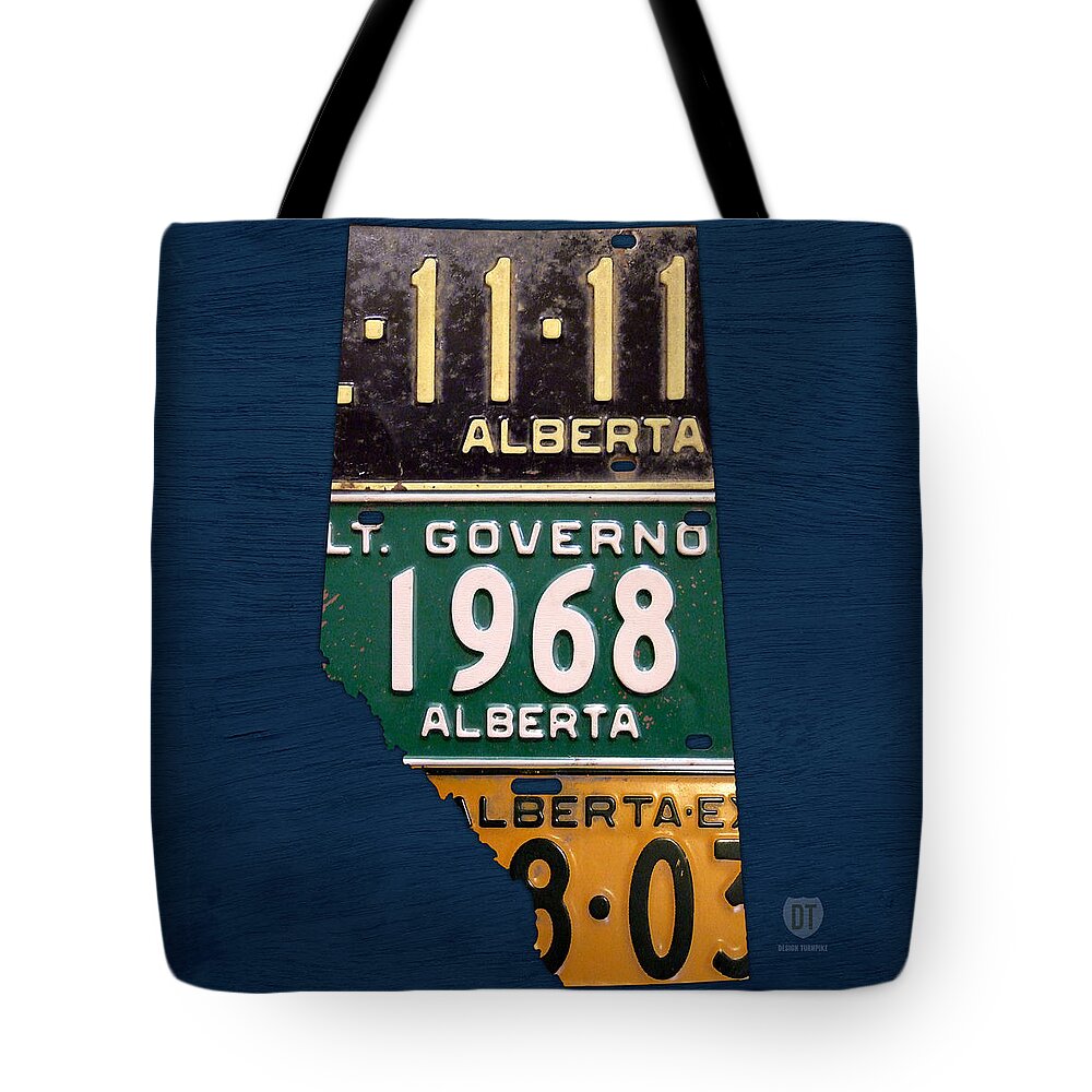 Alberta Tote Bag featuring the mixed media Alberta Canada Province Map Made from Recycled Vintage License Plates by Design Turnpike