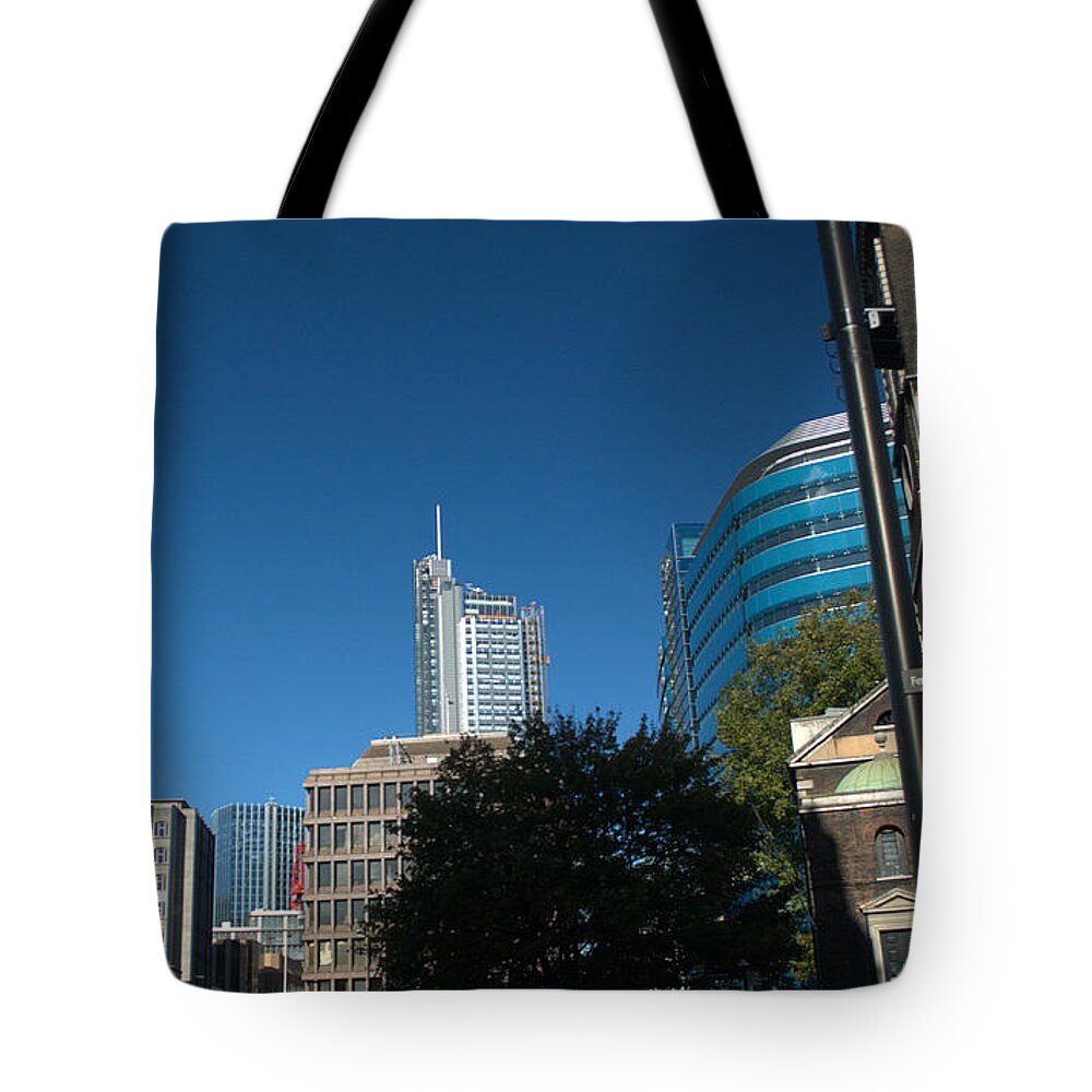 Heron Tower Tote Bag featuring the photograph Aldgate in London by Chris Day