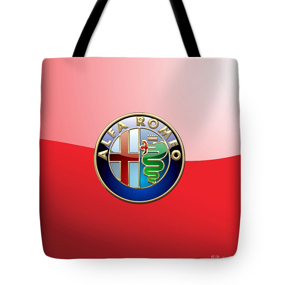 Wheels Of Fortune By Serge Averbukh Tote Bag featuring the photograph Alfa Romeo - 3d Badge on Red by Serge Averbukh