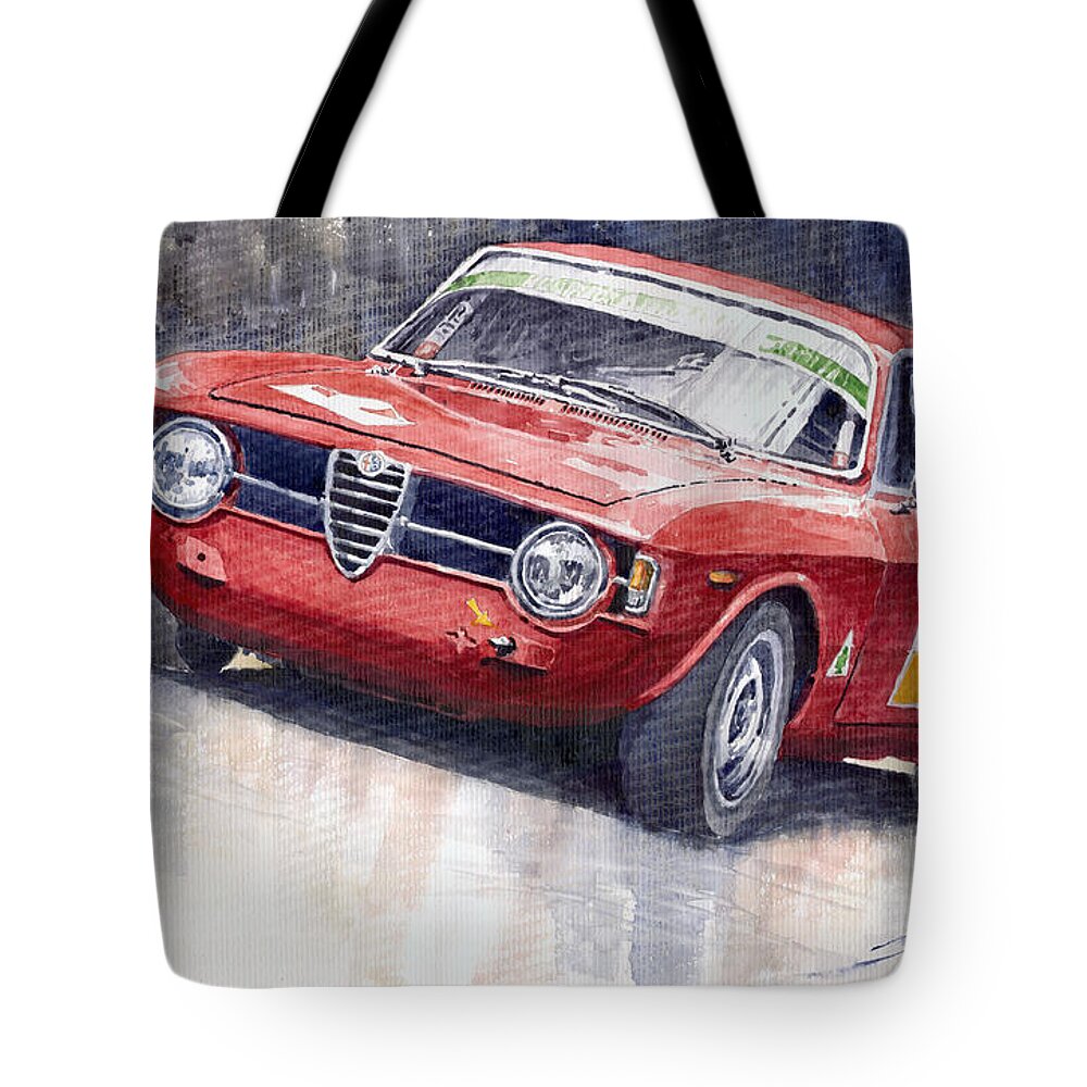 Watercolor Tote Bag featuring the painting Alfa Romeo Giulie Sprint GT 1966 by Yuriy Shevchuk