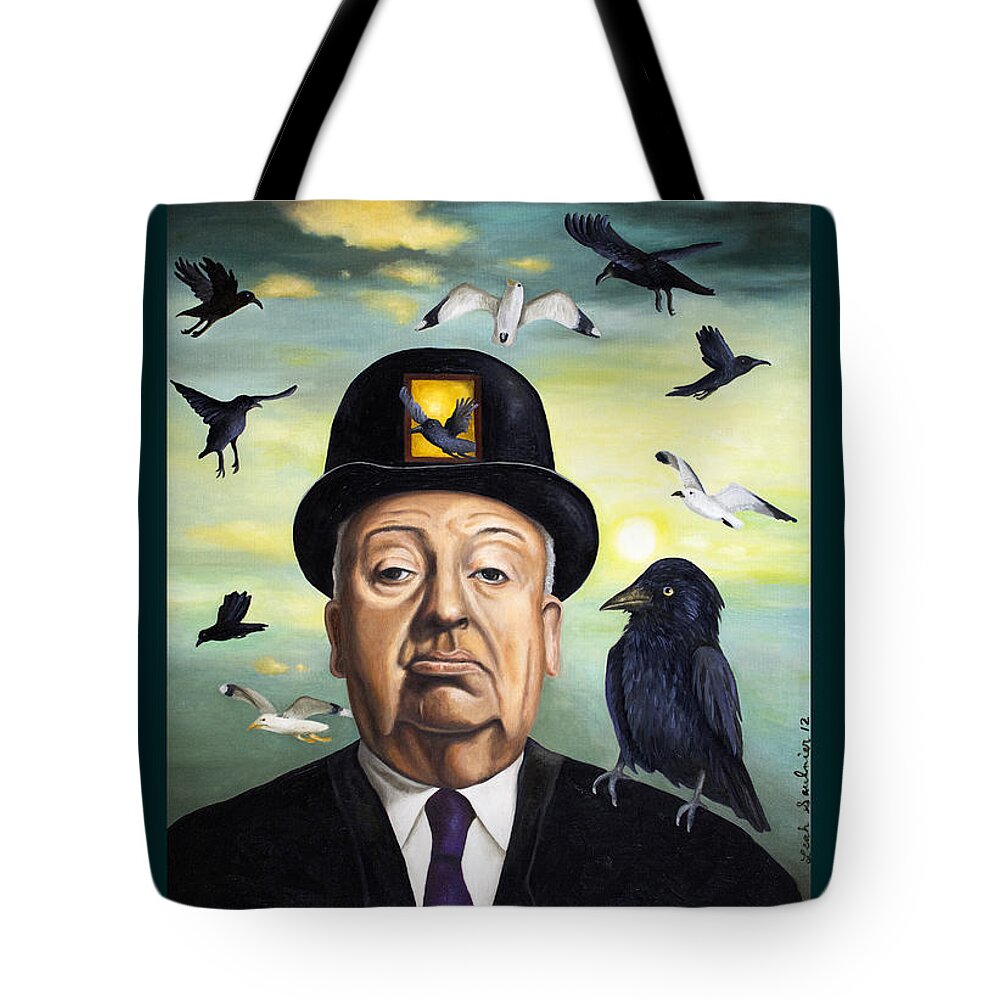 Alfred Hitchcock Tote Bag featuring the painting Alfred Hitchcock with Lettering by Leah Saulnier The Painting Maniac