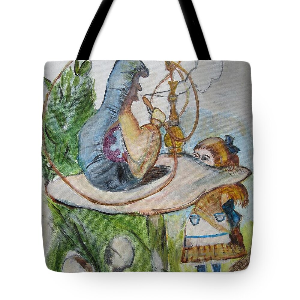 Alice In Wonderland Tote Bag featuring the painting Alice and the Caterpillar by Denice Palanuk Wilson