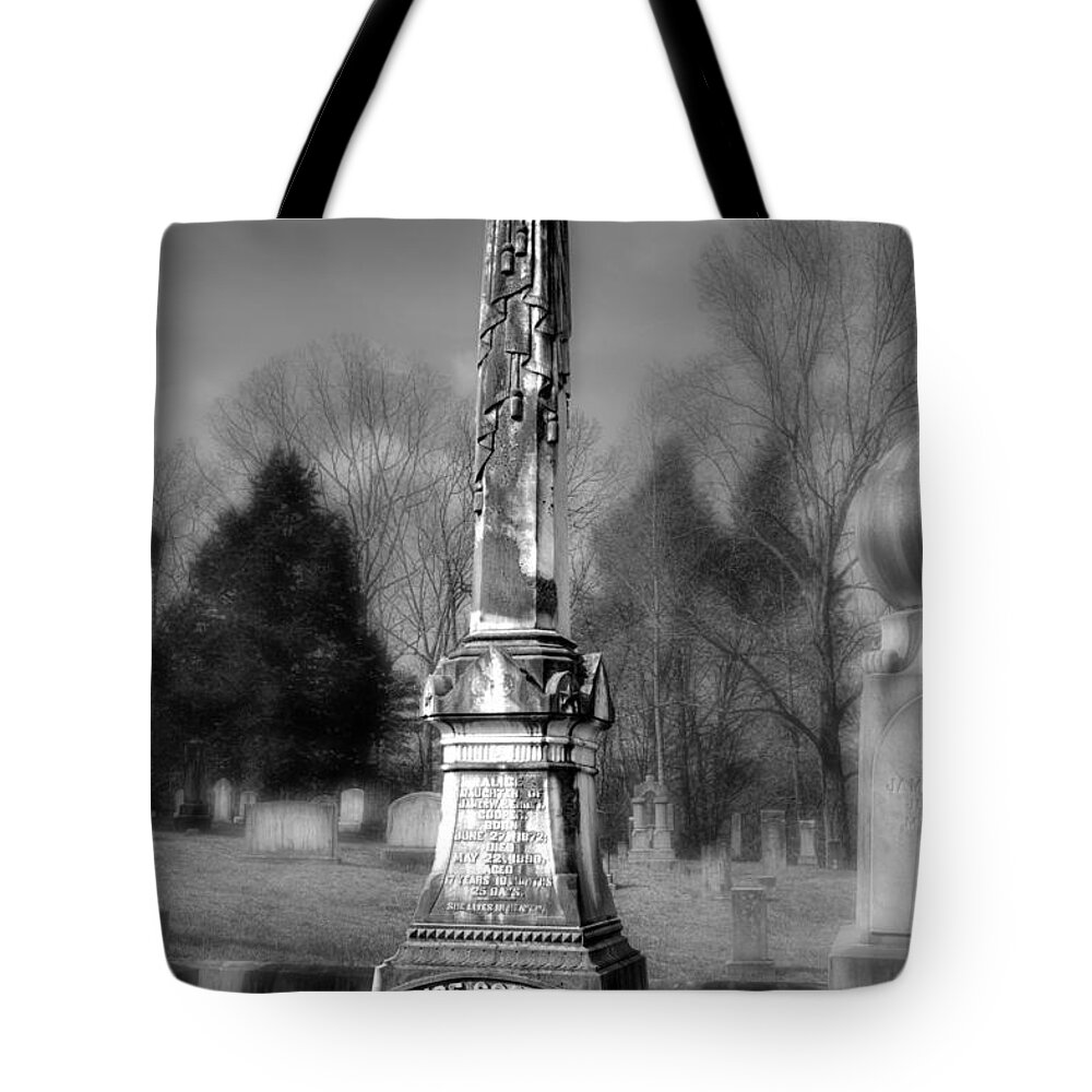 Alice Cooper Tote Bag featuring the photograph Alice Cooper Grave in Black and White by Greg and Chrystal Mimbs