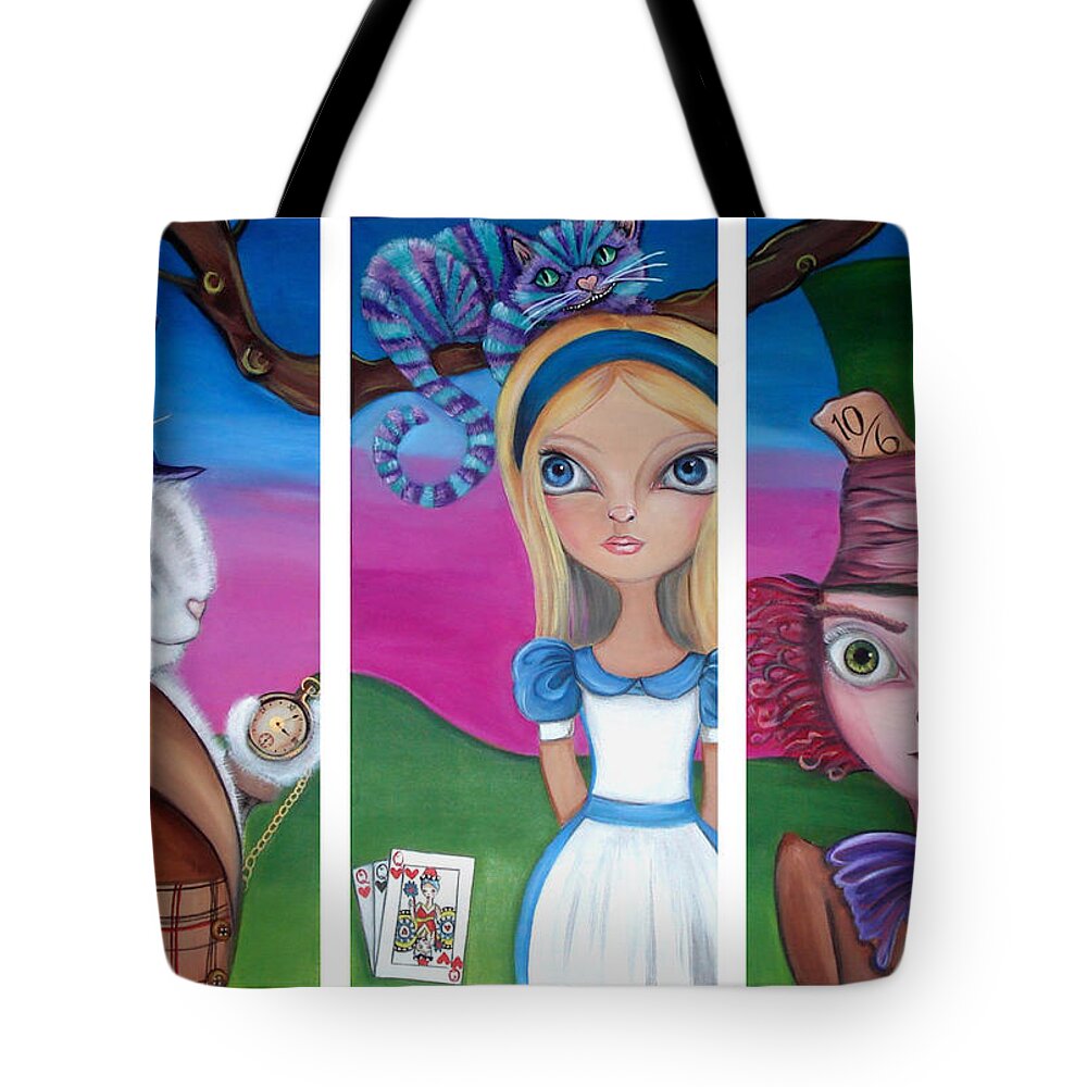 Alice In Wonderland Tote Bag featuring the painting Alice in Wonderland Inspired Triptych by Jaz Higgins