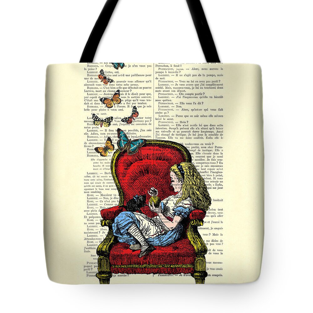 Alice Tote Bag featuring the digital art Alice in Wonderland playing with cute cat and butterflies by Madame Memento