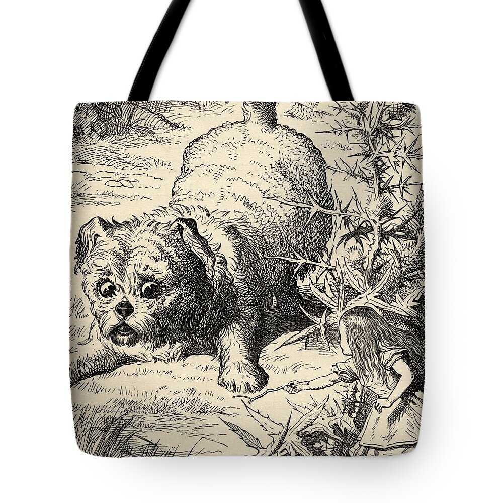 Illustration Tote Bag featuring the drawing Alice Shrinks And Meets The Puppy by Vintage Design Pics