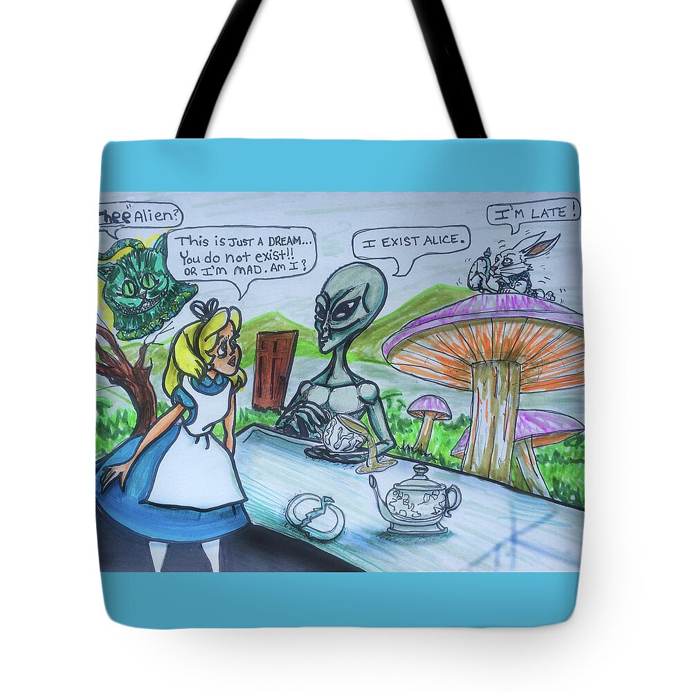 Alien In Wonderland Tote Bag featuring the painting Alien in Wonderland by Similar Alien