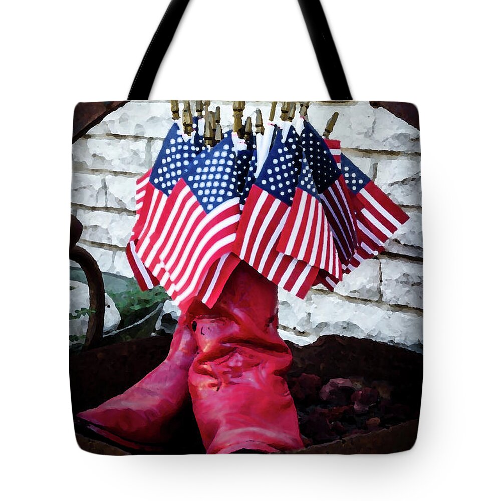 All American Flag And Red Boots - Painterly Tote Bag featuring the photograph All American Flag and Red Boots - Painterly by Debra Martz