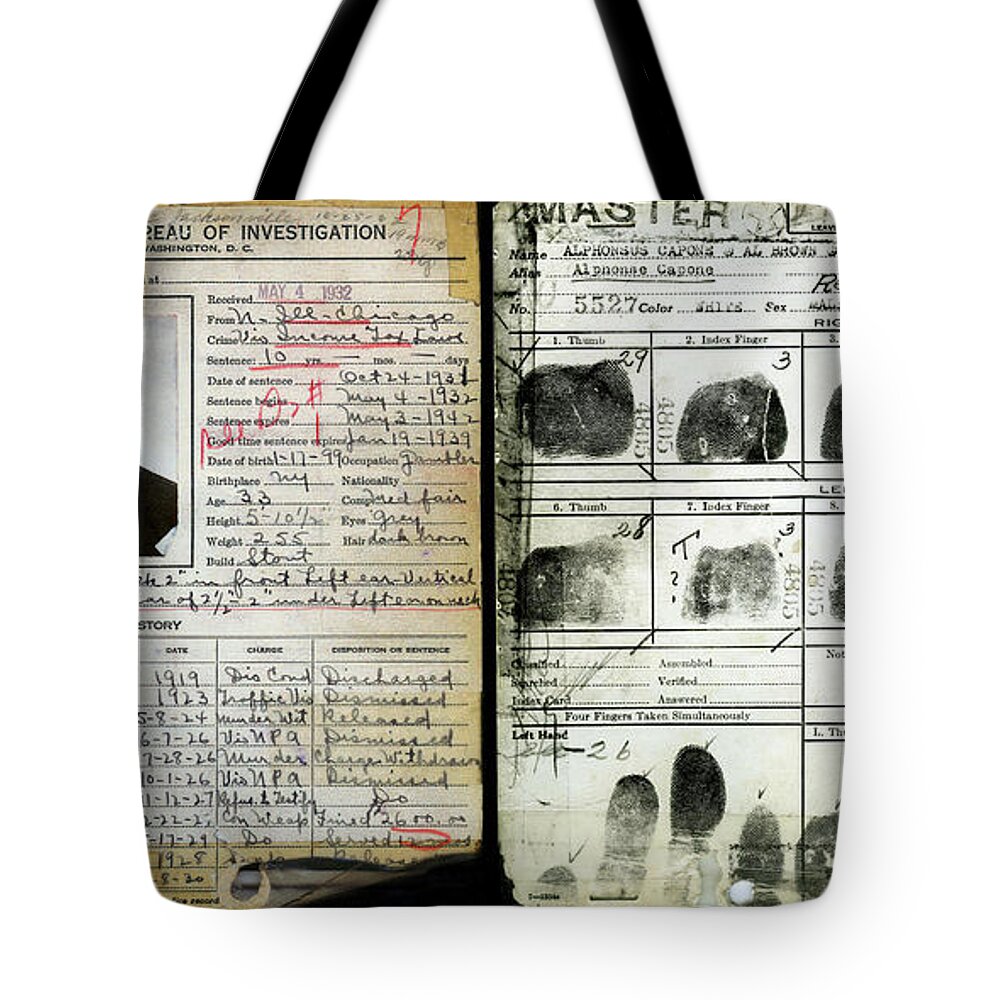 Prohibition Tote Bag featuring the photograph All Capone Booking Sheet by Jon Neidert