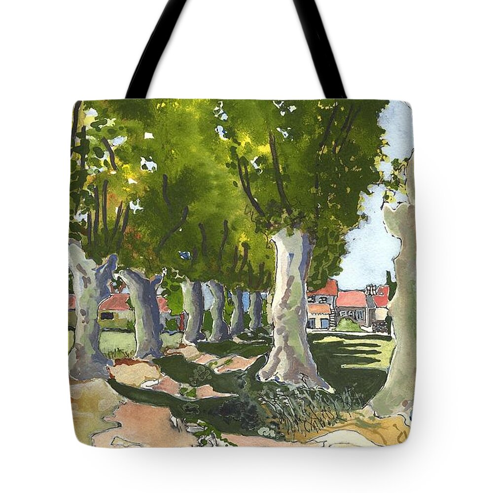 French Countryside Landscape  Tote Bag featuring the painting Allee de La Ferme, Maussane-Les-Alpilles by Joan Cordell