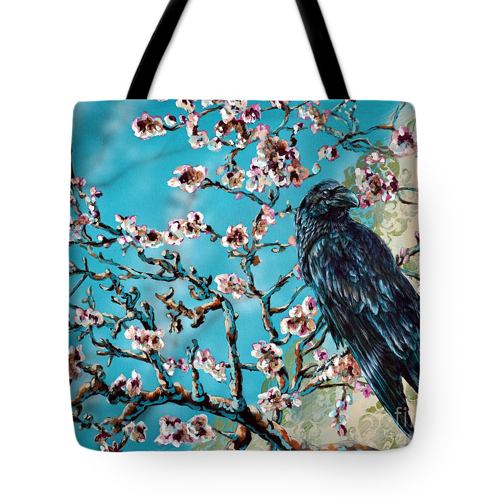 Van Gogh Tote Bag featuring the painting Almond Branch and Raven by Lachri