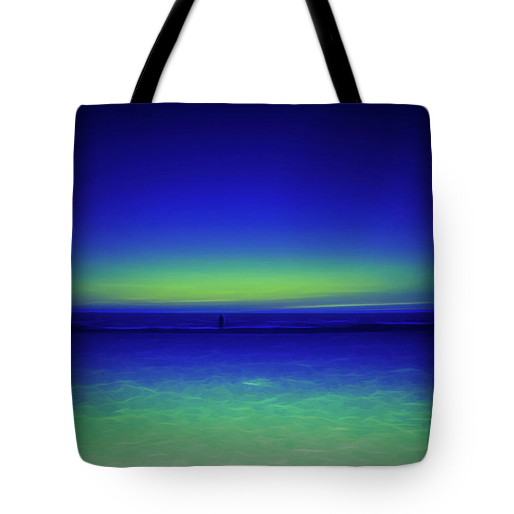 Sunset Tote Bag featuring the photograph Alone on the Beach Glow in the Dark by Aimee L Maher ALM GALLERY