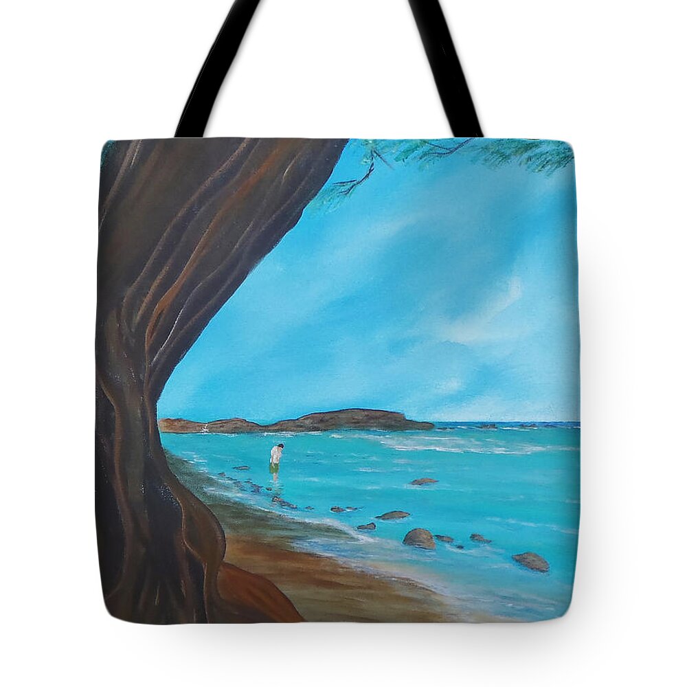 Seascape Tote Bag featuring the painting Alone on the Beach by Tony Rodriguez
