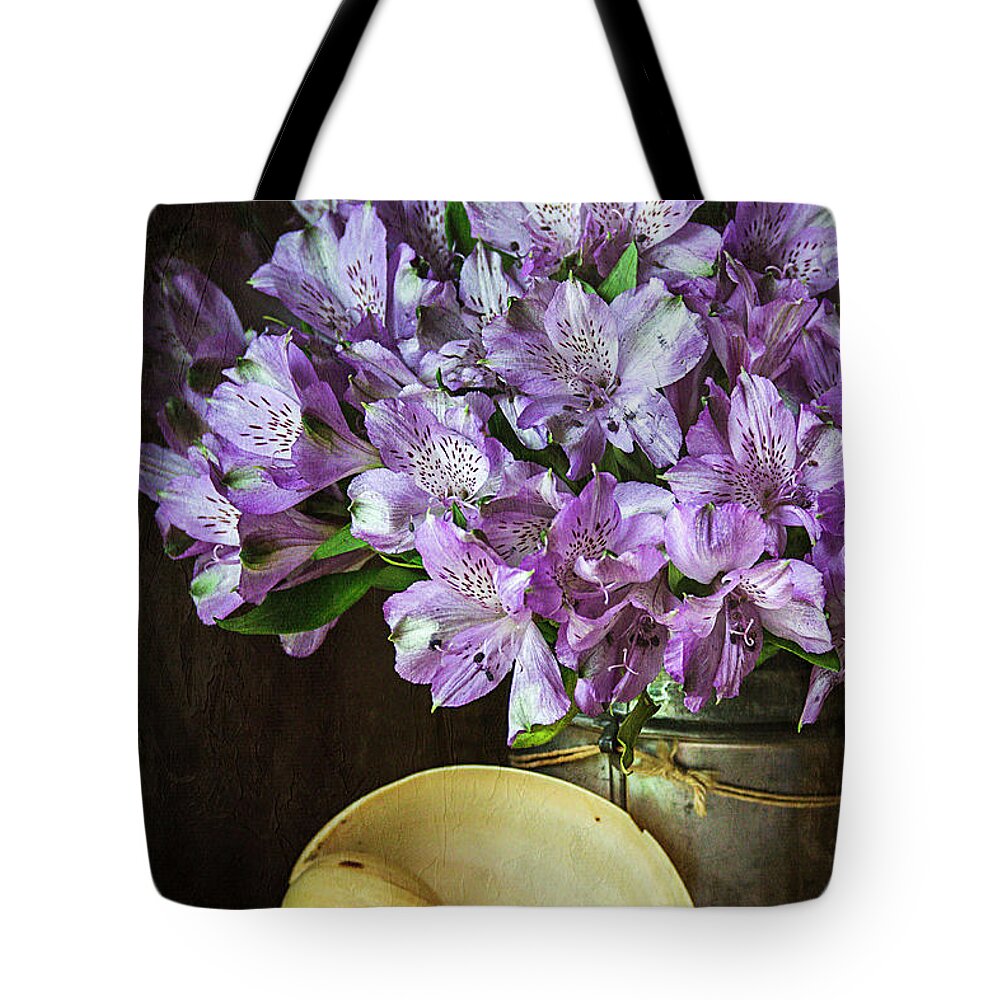 Alstroemeria Tote Bag featuring the photograph Alstroemeria with Seashell by Cindi Ressler