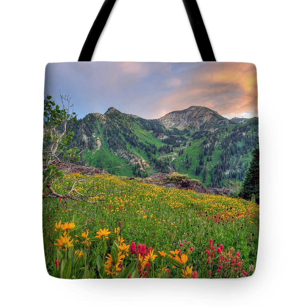 Wildflower Tote Bag featuring the photograph Alta Wildflowers and Sunset by Brett Pelletier