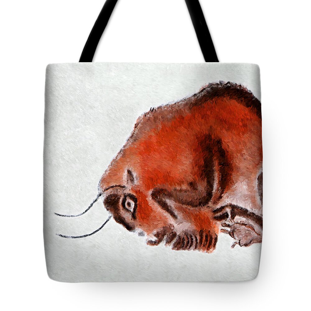 Altamira Tote Bag featuring the digital art Altamira Prehistoric Bison at rest by Weston Westmoreland