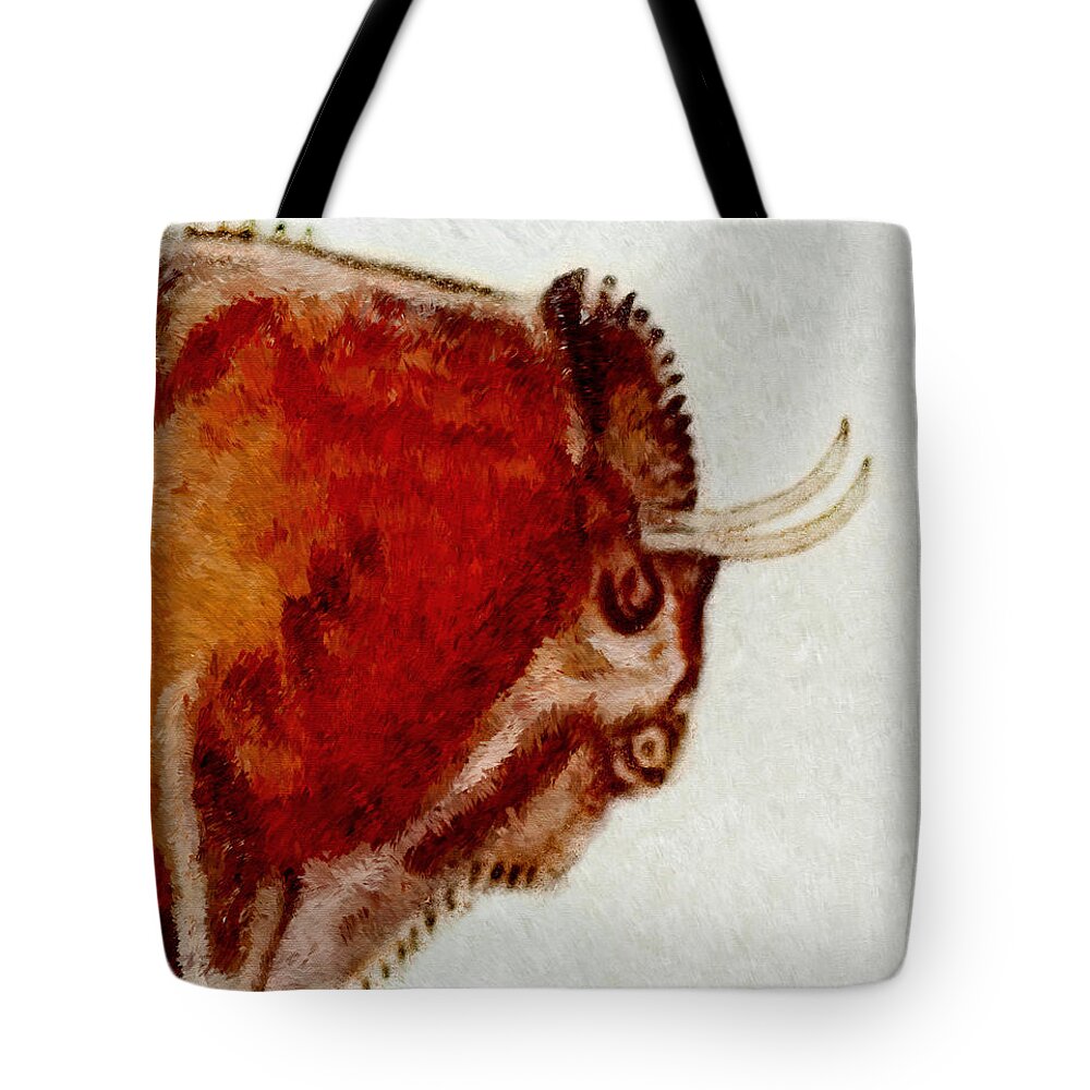 Altamira Tote Bag featuring the digital art Altamira Prehistoric Bison Detail by Weston Westmoreland