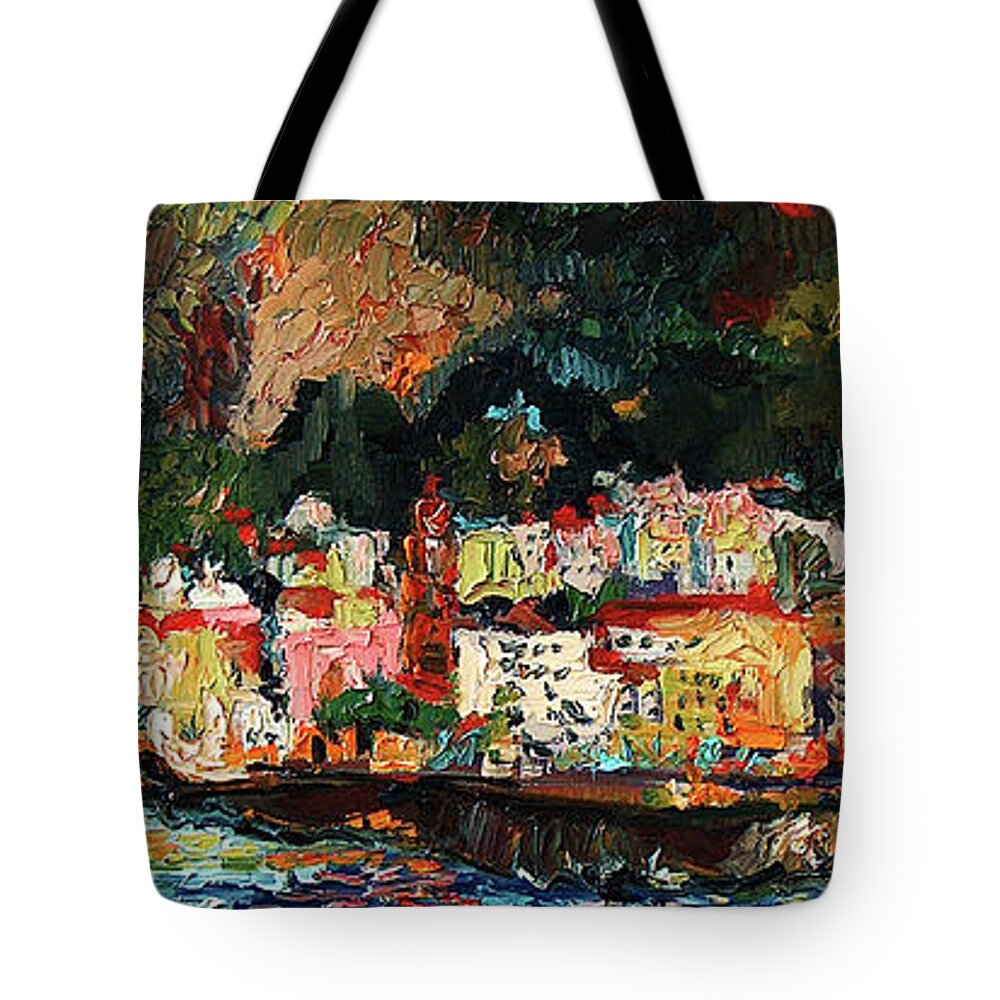Amalfi Tote Bag featuring the painting Amalfi Italy Panorama Impressionist Oil Painting by Ginette Callaway