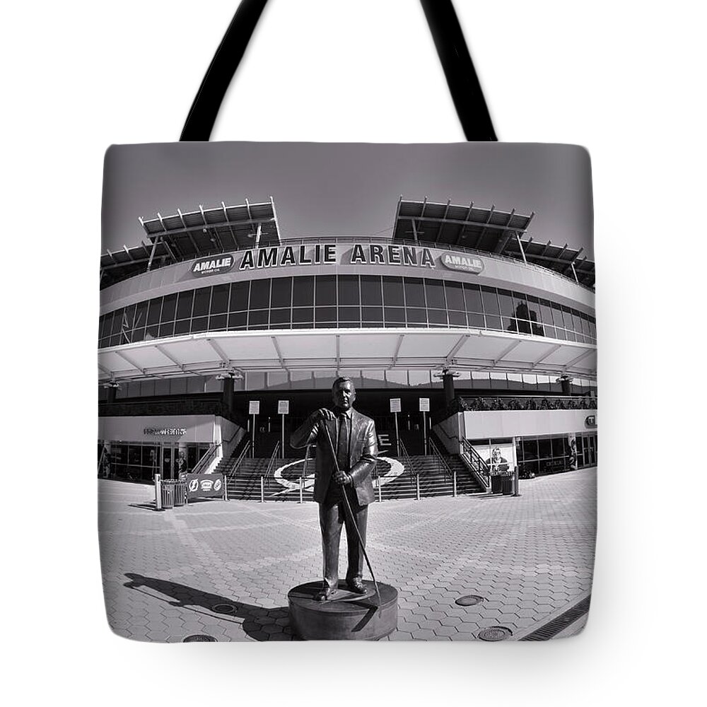Amalie Arena Black And White Tote Bag featuring the photograph Amalie Arena Black And White by Lisa Wooten