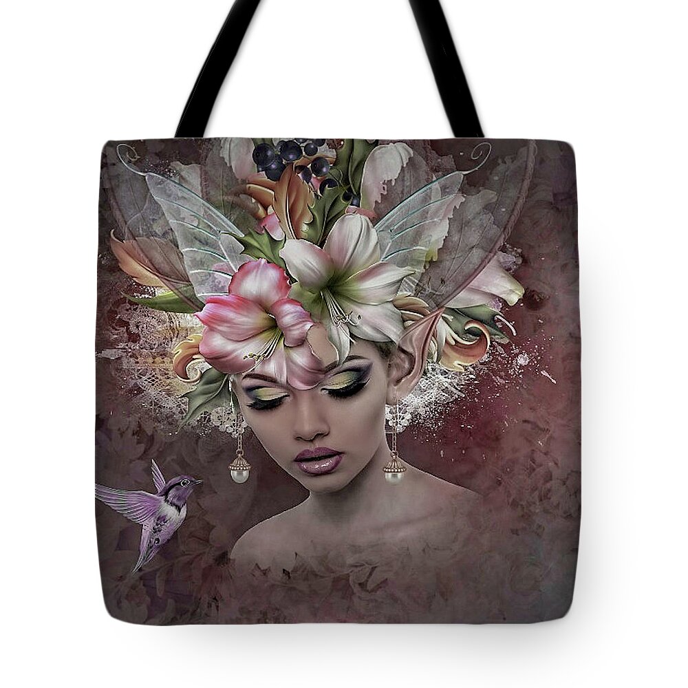 Amaryllis Tote Bag featuring the mixed media Amaryllis Elf by Gayle Berry