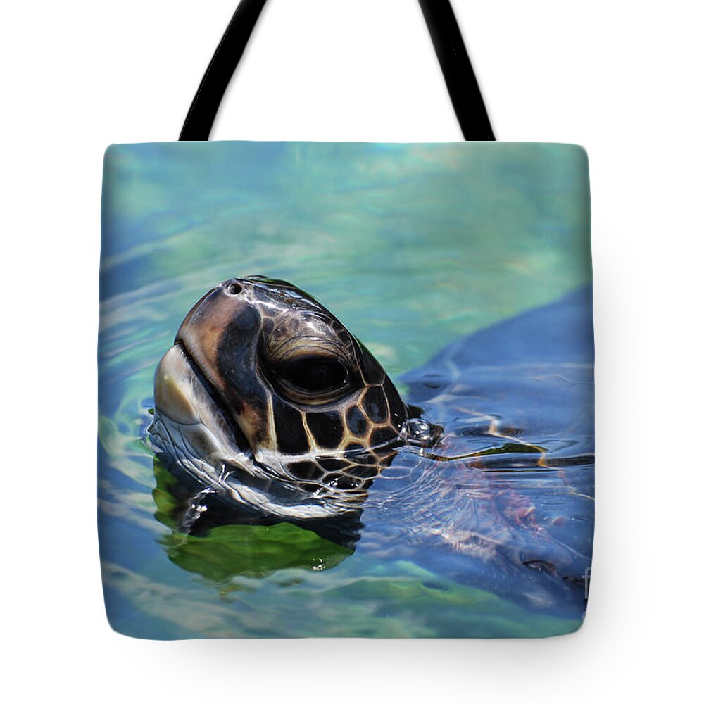 Turtle Tote Bag featuring the photograph Amazing Close Up of a Sea Turtle Swimming by DejaVu Designs