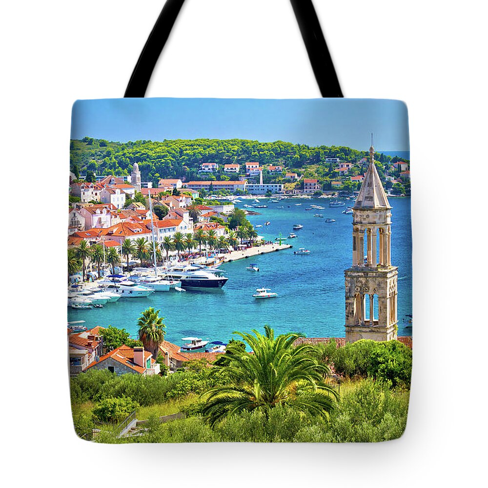 Panorama Tote Bag featuring the photograph Amazing town of Hvar harbor aerial view by Brch Photography