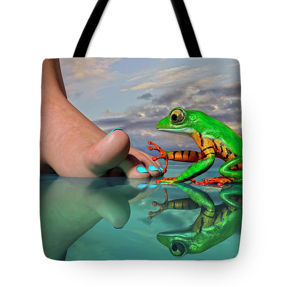 Tree Tote Bag featuring the digital art Amazon Tree Frog Curiosity by Betsy Knapp