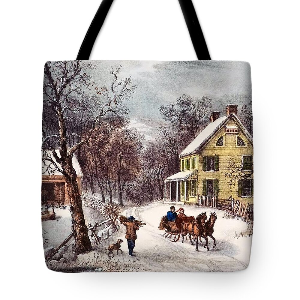 Winter Scene Tote Bag featuring the painting American Homestead by Currier and Ives