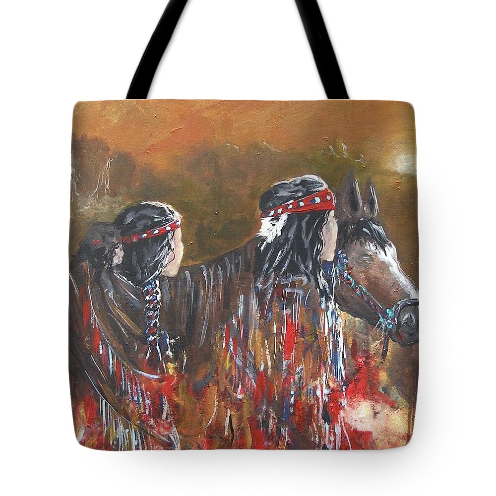 American Indian Family Apache Indians Horse Child Woman Man Walking Brown Sky Mountains Waterfall Wandering Evening Caring Sunset Red Colors Acrylic On Canvas Painting Print Blue Braid Tress Hair Feather American Native Culture Hair Band Baby Tote Bag featuring the painting American Indians Family by Miroslaw Chelchowski