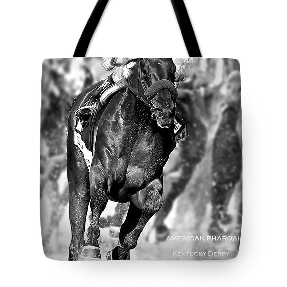 American Pharoah Tote Bag featuring the mixed media American Pharoah and Victor Espinoza, turning for home in the 141st running of the Kentucky Derby by Thomas Pollart