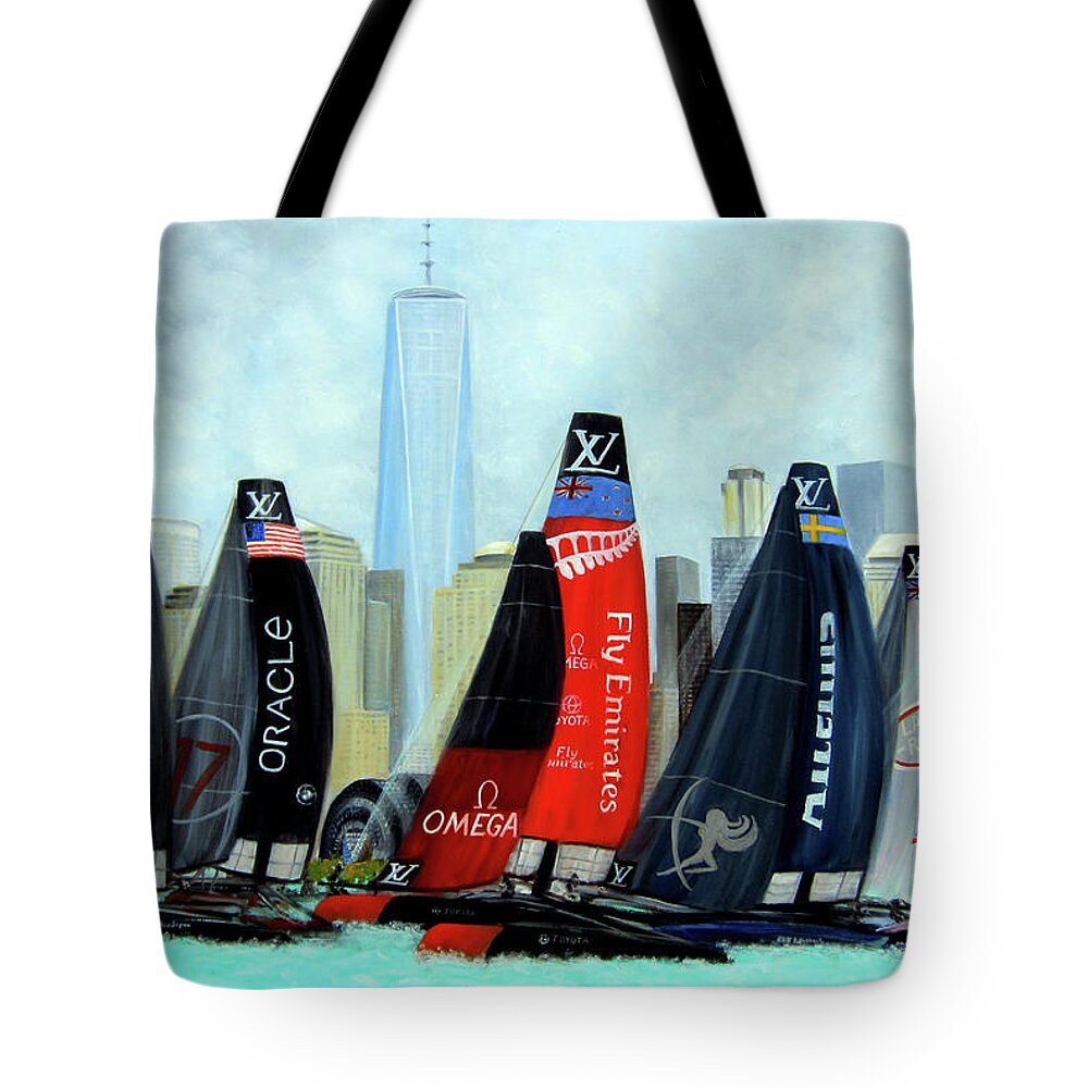 Americas Cup Sailing Race Tote Bag featuring the painting America's Cup New York City by Leonardo Ruggieri