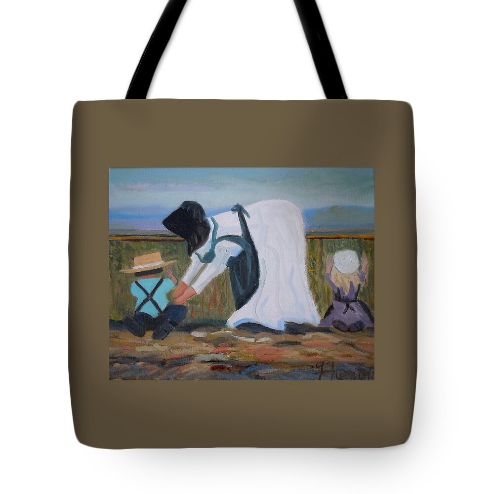 Amish Tote Bag featuring the painting Amish Picking Peas by Francine Frank