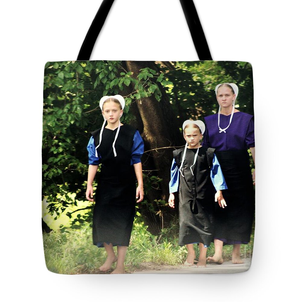 Amish Tote Bag featuring the photograph Amish Sisters Barefoot Stroll by Beth Ferris Sale