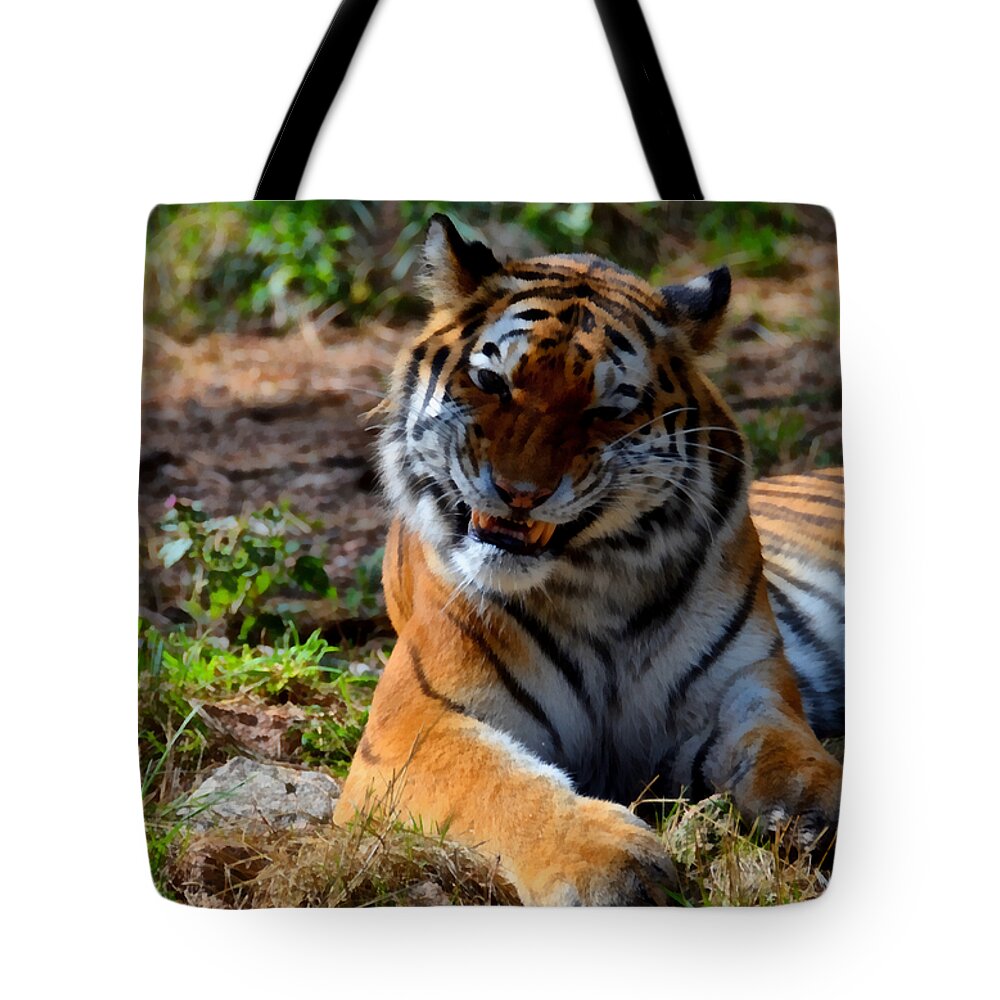 Amur Tote Bag featuring the mixed media Amur Tiger 4 by Angelina Tamez