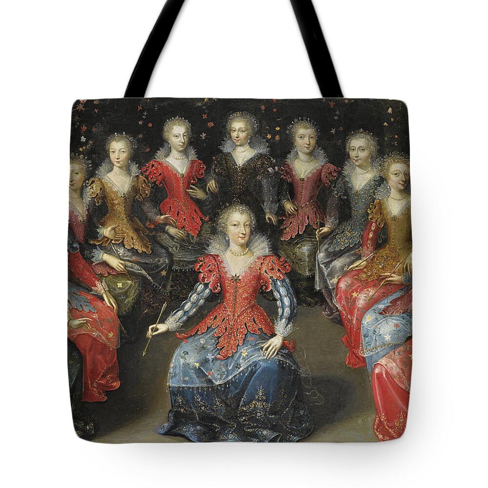 Attributed To Claude Deruet Tote Bag featuring the painting An Allegory of Love? Twelve Noblewomen seated in a Garden, each holding an Arrow by Attributed to Claude Deruet