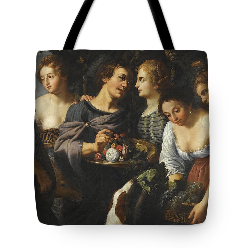 Follower Of Nicolas Regnier Tote Bag featuring the painting An Allegory of the Five Senses by Follower of Nicolas Regnier