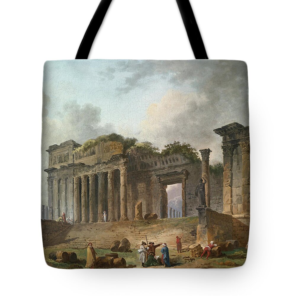 Hubert Robert Tote Bag featuring the painting An Architectural Capriccio with an Artist Sketching in the Foreground by Hubert Robert