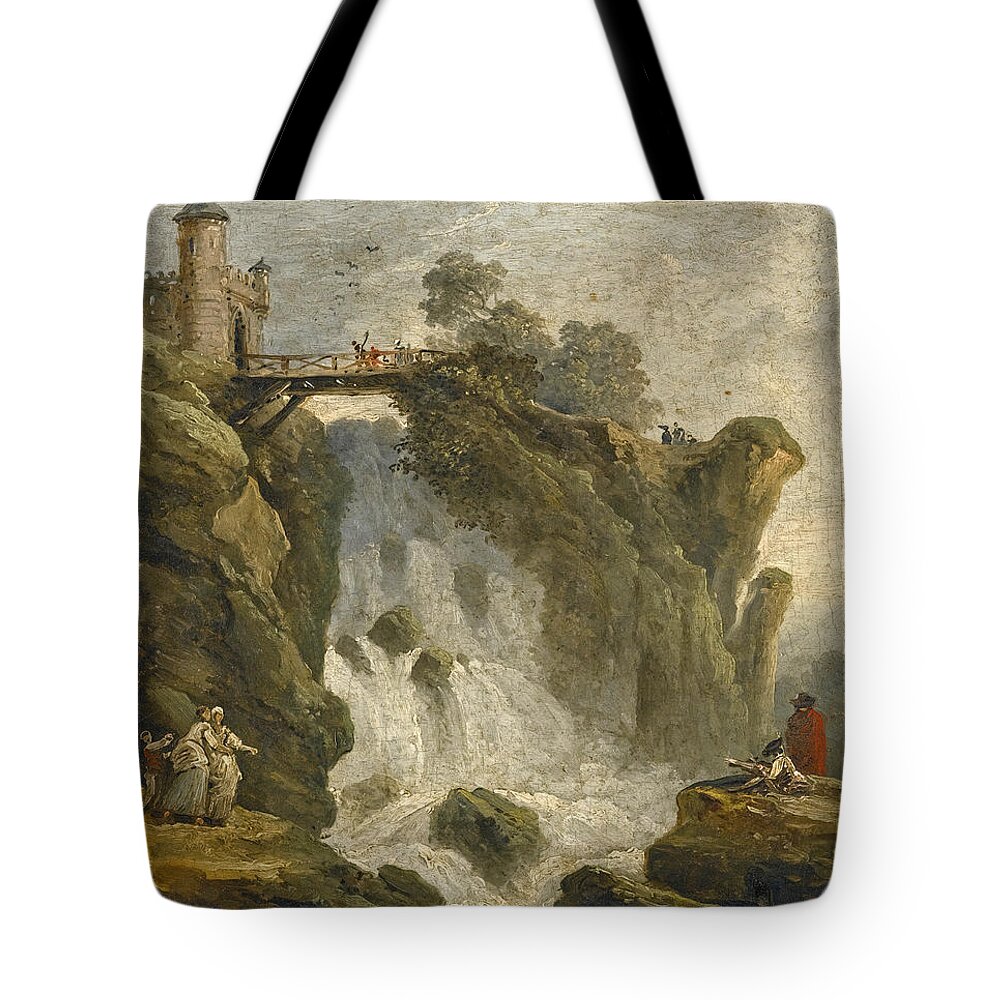 Hubert Robert Tote Bag featuring the painting An Artist sketching with other Figures beneath a Waterfall by Hubert Robert