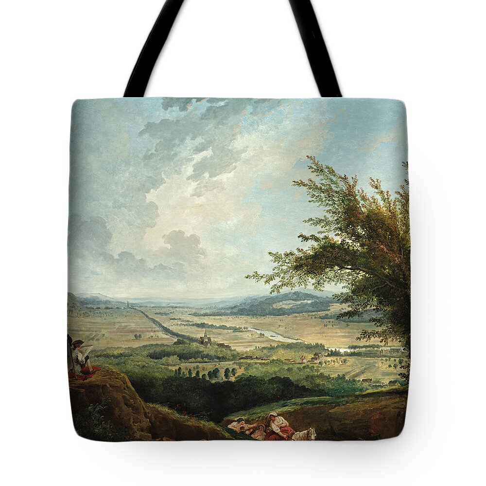 Hubert Robert Tote Bag featuring the painting An Extensive Landscape near Paris by Hubert Robert